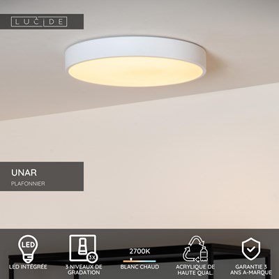 Lucide UNAR - Plafonnier - Ø 30 cm - LED 3 StepDim - 1x18W 2700K - Blanc